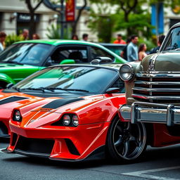 An eye-catching scene featuring a striking Iranian car parked alongside an iconic American vehicle, showcasing the beauty of automotive design from two different cultures