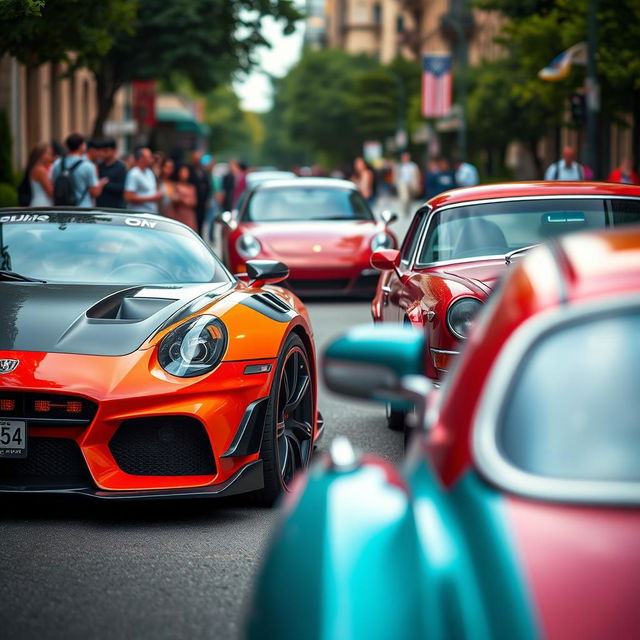 An eye-catching scene featuring a striking Iranian car parked alongside an iconic American vehicle, showcasing the beauty of automotive design from two different cultures