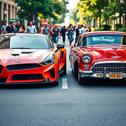 An eye-catching scene featuring a striking Iranian car parked alongside an iconic American vehicle, showcasing the beauty of automotive design from two different cultures