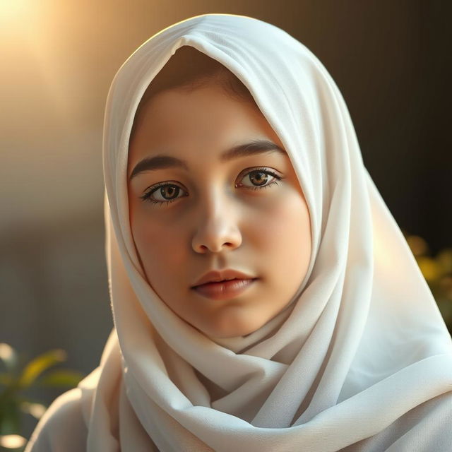 A realistic portrait of a teenage girl wearing a white hijab