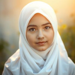 A realistic portrait of a teenage girl wearing a white hijab