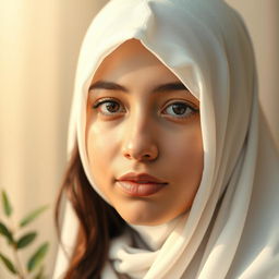 A realistic portrait of a teenage girl wearing a white hijab