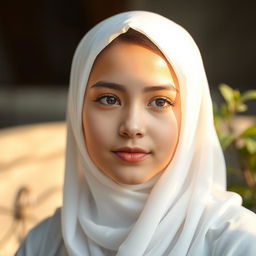 A realistic portrait of a teenage girl wearing a white hijab