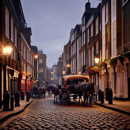 Create a dynamic image of a bustling Victorian London street at dusk with gas lamps flickering, horse-drawn carriages navigating cobblestone roads, and people wearing period-accurate attire bustling about.