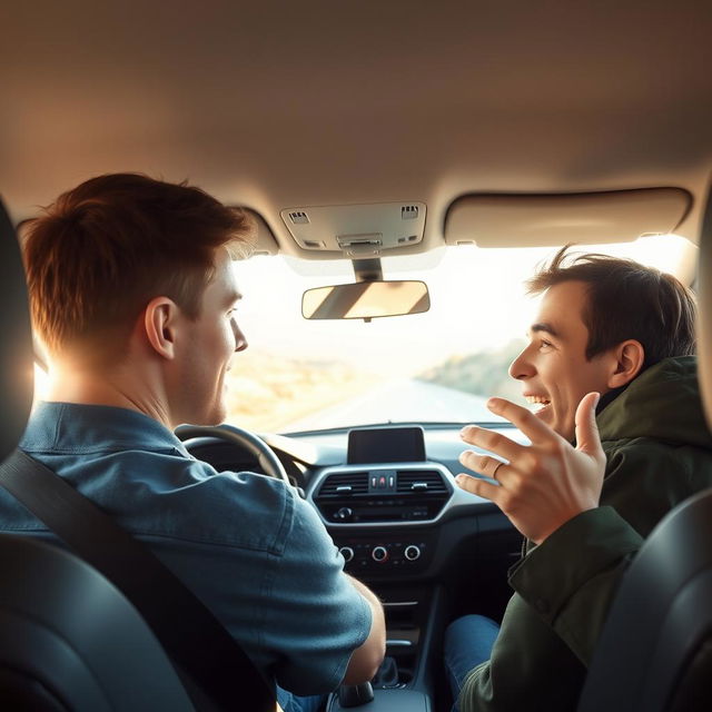 Inside a car, two men engaged in a conversation