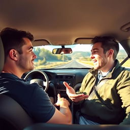 Inside a car, two men engaged in a conversation