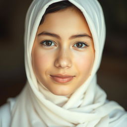 A realistic portrait of a teenage girl wearing a white hijab, capturing her gentle facial features with soft lighting that enhances the serene atmosphere