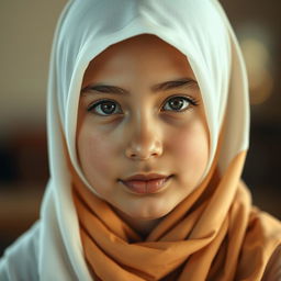 A realistic portrait of a teenage girl wearing a white hijab, capturing her gentle facial features with soft lighting that enhances the serene atmosphere