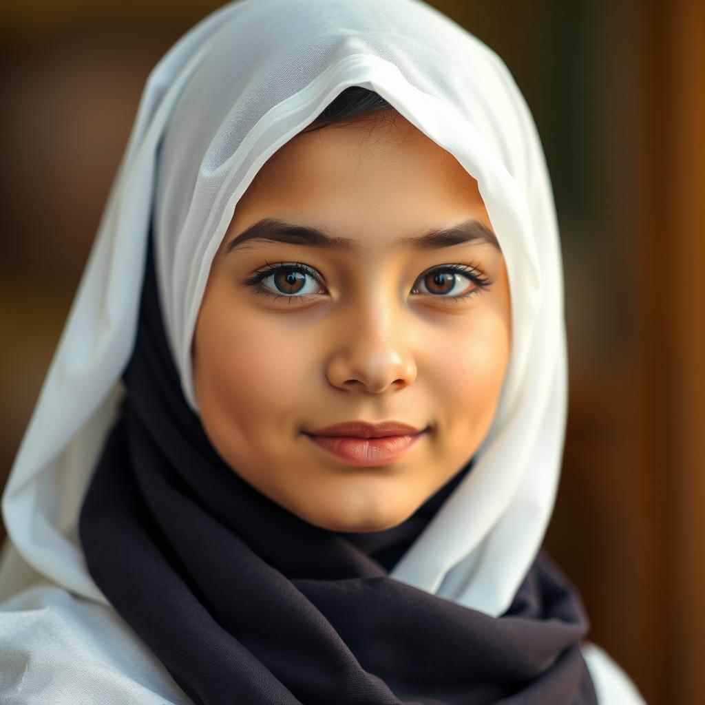 A realistic portrait of a teenage girl wearing a white hijab, capturing her gentle facial features with soft lighting that enhances the serene atmosphere