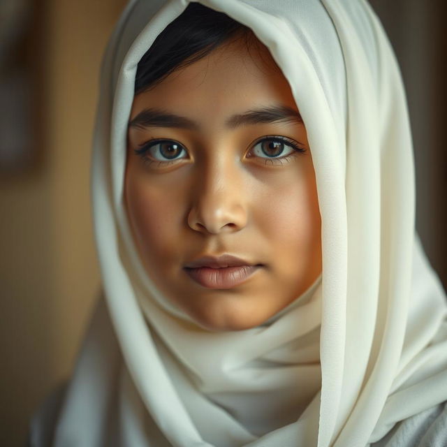 A realistic portrait of a teenage girl wearing a white hijab, capturing her gentle facial features with soft lighting that enhances the serene atmosphere