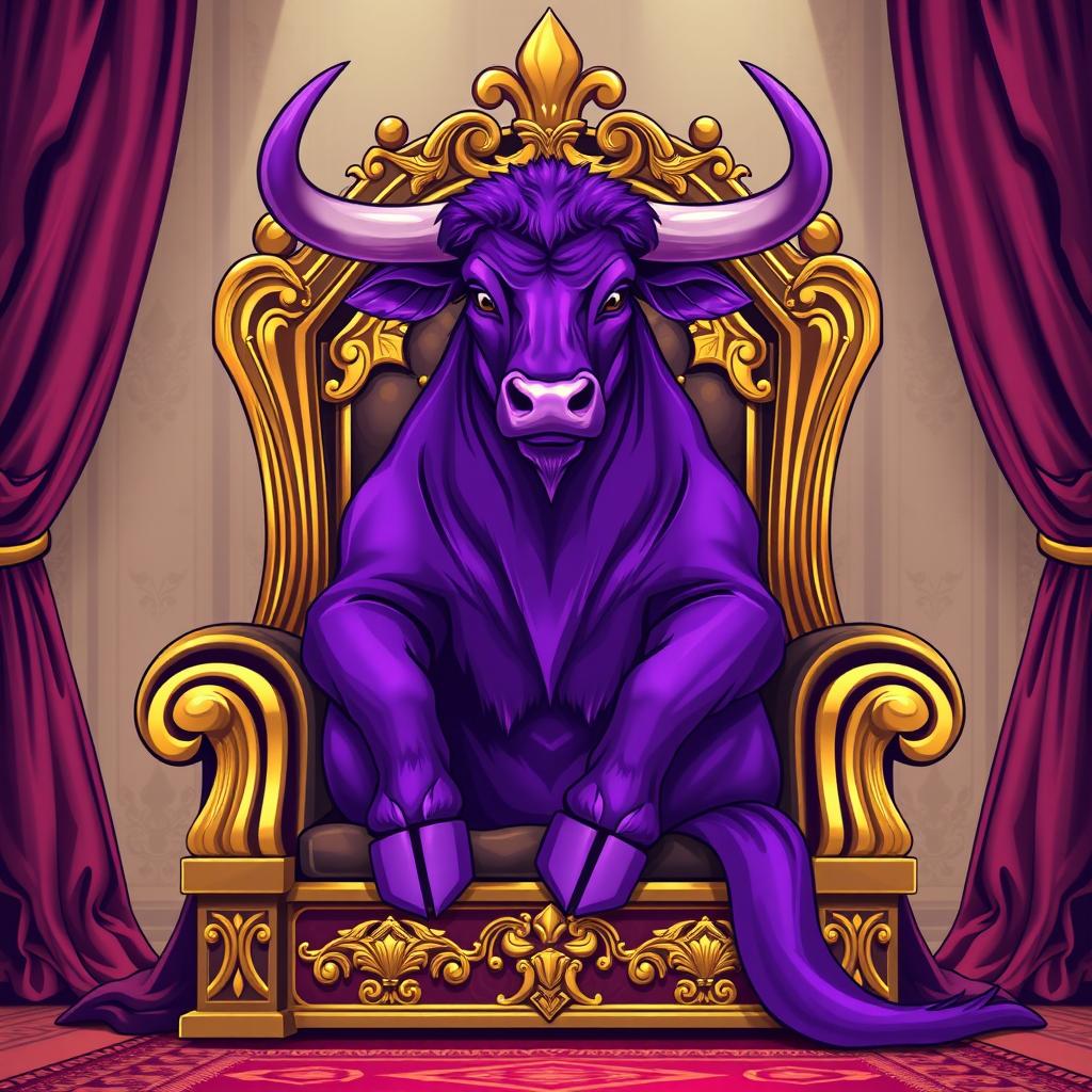 A majestic purple bull sitting on an ornate king's throne, showcasing regal posture and expression