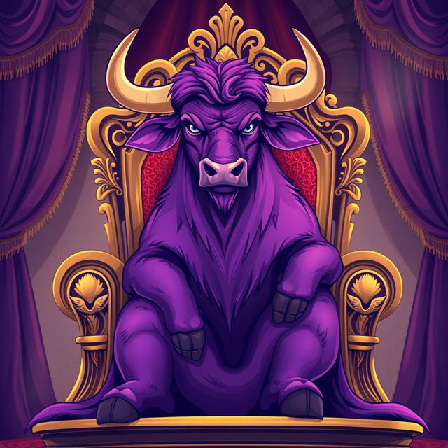 A majestic purple bull sitting on an ornate king's throne, showcasing regal posture and expression