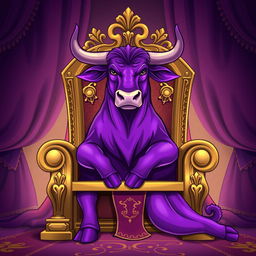 A majestic purple bull sitting on an ornate king's throne, showcasing regal posture and expression
