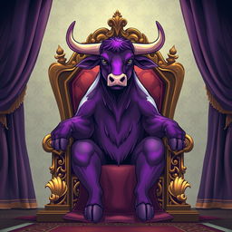 A majestic purple bull sitting on an ornate king's throne, showcasing regal posture and expression