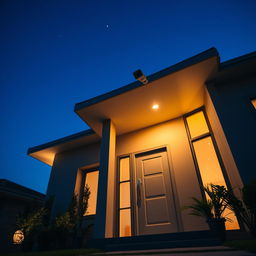 A high-resolution, eye-level shot of a modern house at dusk