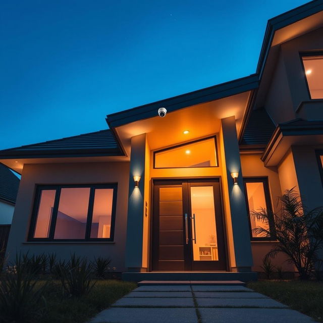 A high-resolution, eye-level shot of a modern house at dusk