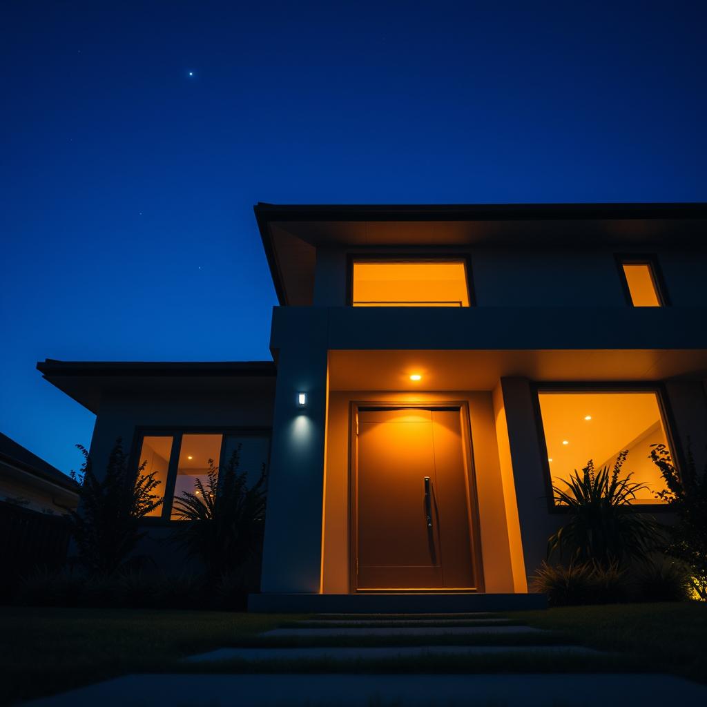 A high-resolution, eye-level shot of a modern house at dusk