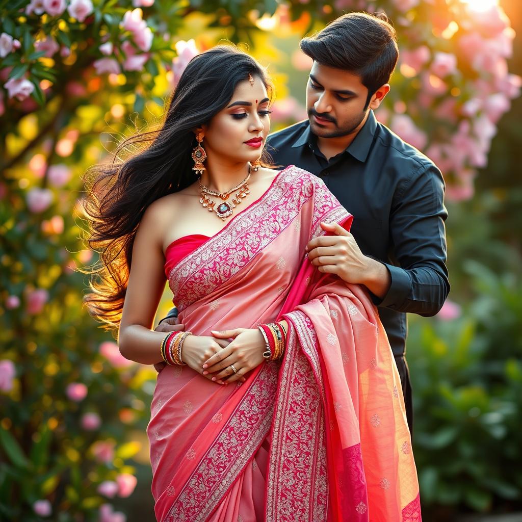 A captivating scene featuring an Indian woman wearing a beautiful low-rise saree that elegantly reveals her midriff, showcasing intricate embroidery and vibrant colors