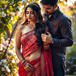 A captivating scene featuring an Indian woman wearing a beautiful low-rise saree that elegantly reveals her midriff, showcasing intricate embroidery and vibrant colors