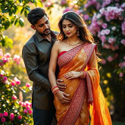 A captivating scene featuring an Indian woman wearing a beautiful low-rise saree that elegantly reveals her midriff, showcasing intricate embroidery and vibrant colors