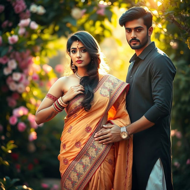 A captivating scene featuring an Indian woman wearing a beautiful low-rise saree that elegantly reveals her midriff, showcasing intricate embroidery and vibrant colors