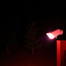 A nighttime outdoor scene of a peaceful backyard featuring a few trees, illuminated solely by the vivid infrared light emitted from a security camera mounted on a fence post