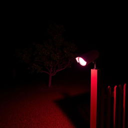 A nighttime outdoor scene of a peaceful backyard featuring a few trees, illuminated solely by the vivid infrared light emitted from a security camera mounted on a fence post