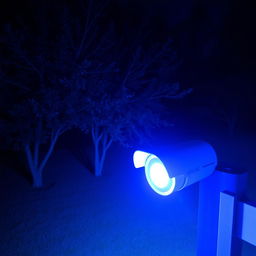 A nighttime outdoor scene of a peaceful backyard featuring a few trees, illuminated solely by the vivid infrared light emitted from a security camera mounted on a fence post