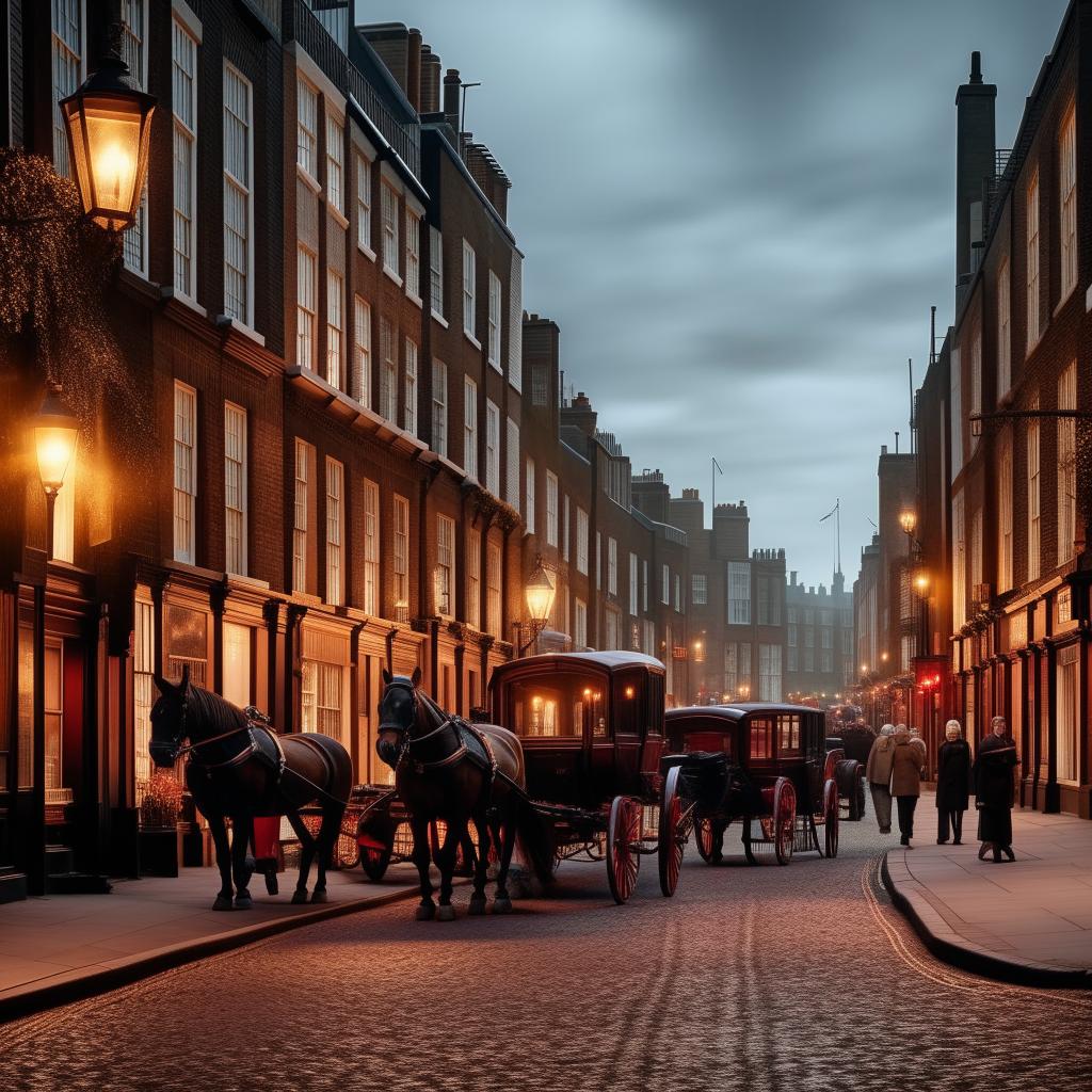 Create a dynamic image of a bustling Victorian London street at dusk with gas lamps flickering, horse-drawn carriages navigating cobblestone roads, and people wearing period-accurate attire bustling about.