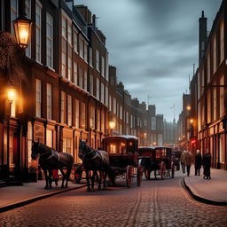 Create a dynamic image of a bustling Victorian London street at dusk with gas lamps flickering, horse-drawn carriages navigating cobblestone roads, and people wearing period-accurate attire bustling about.