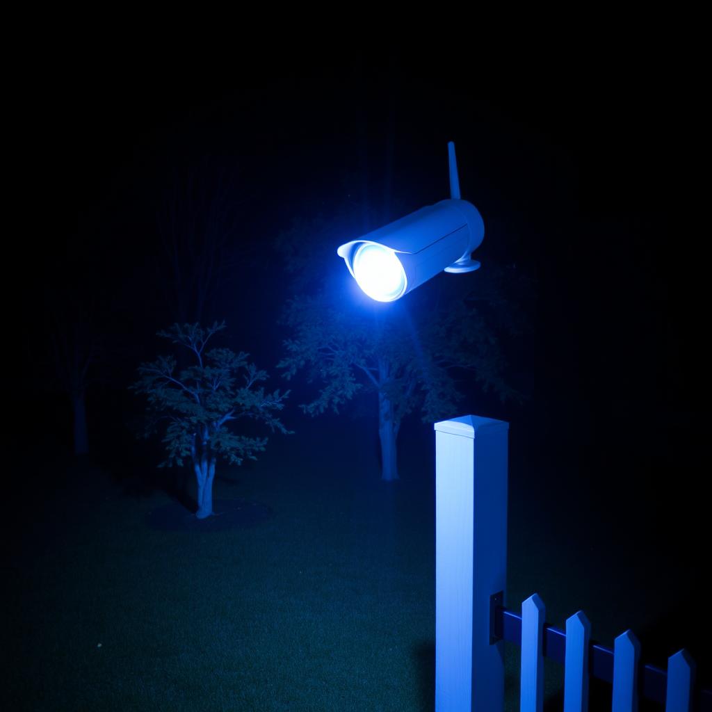 A nighttime outdoor scene of a peaceful backyard featuring a few trees, illuminated solely by the vivid infrared light emitted from a security camera mounted on a fence post