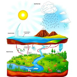 A detailed illustration depicting the water cycle, showcasing various stages such as evaporation, condensation, precipitation, and collection