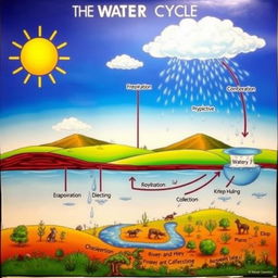 A detailed illustration depicting the water cycle, showcasing various stages such as evaporation, condensation, precipitation, and collection