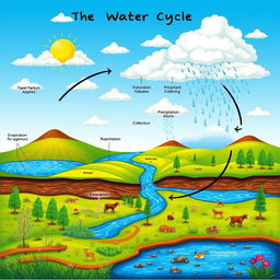 A detailed illustration depicting the water cycle, showcasing various stages such as evaporation, condensation, precipitation, and collection