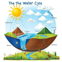 A detailed illustration depicting the water cycle, showcasing various stages such as evaporation, condensation, precipitation, and collection
