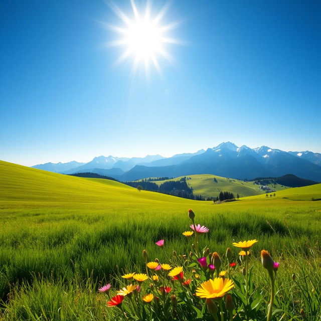 A breathtaking landscape scene featuring vibrant and lush green fields under a clear blue sky