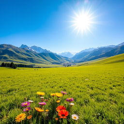 A breathtaking landscape scene featuring vibrant and lush green fields under a clear blue sky