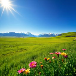 A breathtaking landscape scene featuring vibrant and lush green fields under a clear blue sky