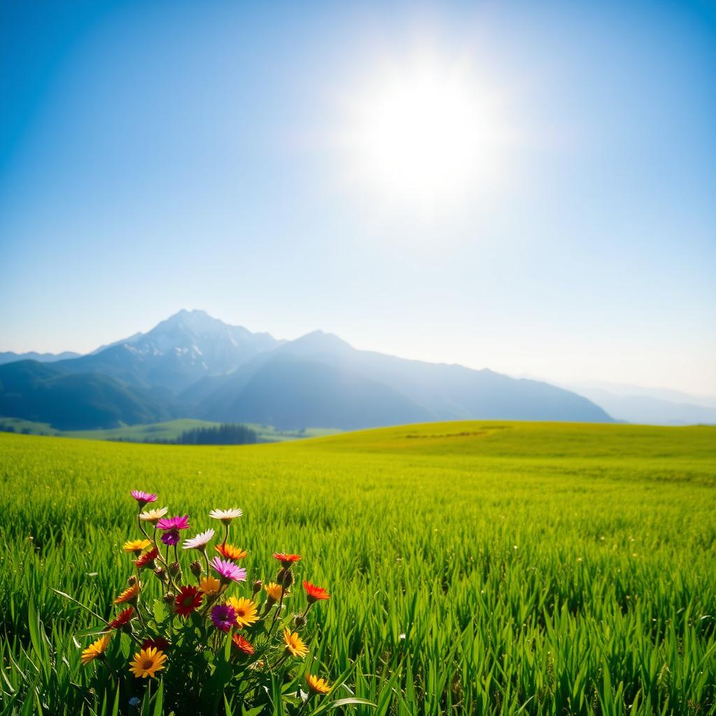 A breathtaking landscape scene featuring vibrant and lush green fields under a clear blue sky