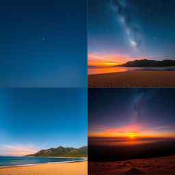 A beautiful collage blending multiple scenic photographs, showcasing a vibrant sunset over a calm beach with golden sand, lush green mountains in the background, and a dazzling starry night sky