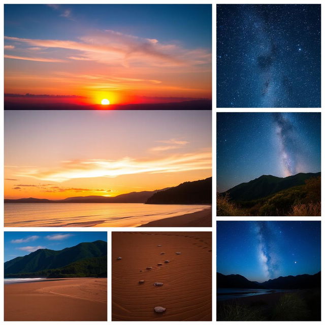 A beautiful collage blending multiple scenic photographs, showcasing a vibrant sunset over a calm beach with golden sand, lush green mountains in the background, and a dazzling starry night sky