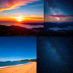 A beautiful collage blending multiple scenic photographs, showcasing a vibrant sunset over a calm beach with golden sand, lush green mountains in the background, and a dazzling starry night sky