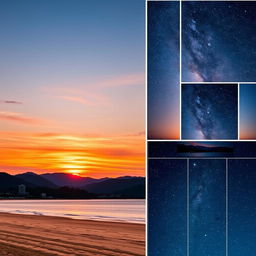 A beautiful collage blending multiple scenic photographs, showcasing a vibrant sunset over a calm beach with golden sand, lush green mountains in the background, and a dazzling starry night sky