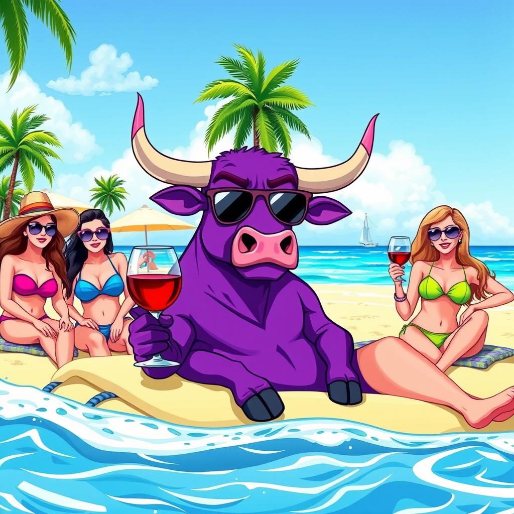 A whimsical purple bull relaxing on a sunny beach, holding a glass of wine, surrounded by attractive women in stylish beachwear