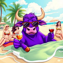 A whimsical purple bull relaxing on a sunny beach, holding a glass of wine, surrounded by attractive women in stylish beachwear