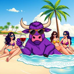 A whimsical purple bull relaxing on a sunny beach, holding a glass of wine, surrounded by attractive women in stylish beachwear