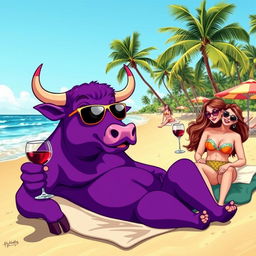 A whimsical purple bull relaxing on a sunny beach, holding a glass of wine, surrounded by attractive women in stylish beachwear