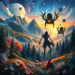 A surreal painting depicting the harms of drugs, set in a beautiful yet mysterious virtual world
