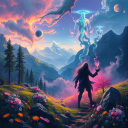 A surreal painting depicting the harms of drugs, set in a beautiful yet mysterious virtual world
