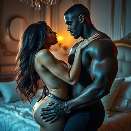 A sensual scene featuring a woman with long flowing hair, in a seductive pose, engaging intimately with a tall, muscular Black man